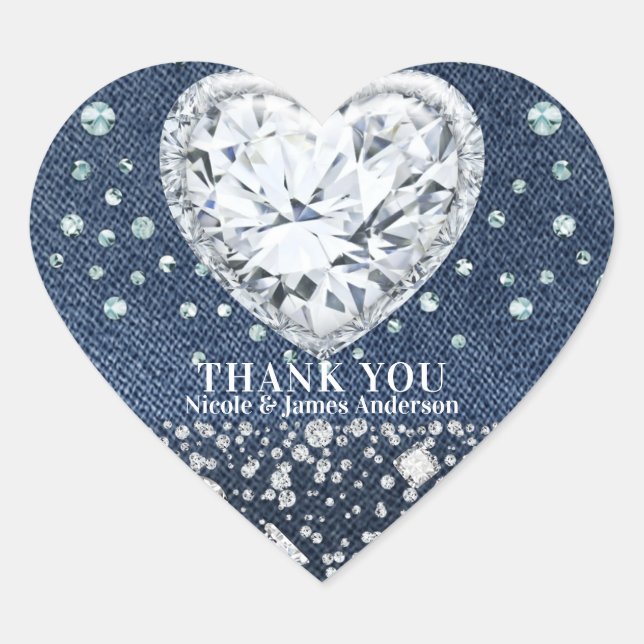 Blue Jean Denim & Diamonds Bling Diamond Heart Sticker (Front)