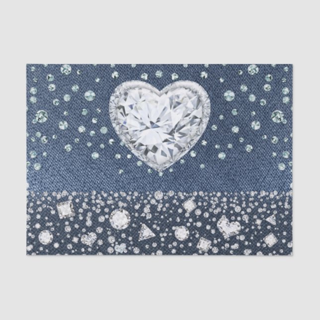 Blue Jean Denim & Diamonds Bling Diamond Heart Tissue Paper (Front)