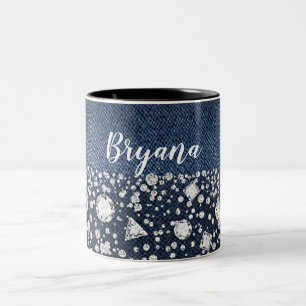 Blue Jean Denim & Diamonds Bling Diamond Heart Two-Tone Coffee Mug