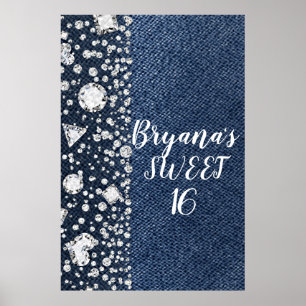 Blue Jean Denim & Diamonds Bling Diamond Party Poster