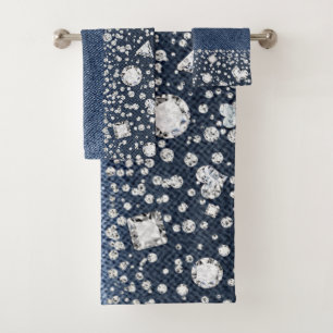 Blue Jean Denim Diamonds Glam Trendy Diamond Bling Bath Towel Set