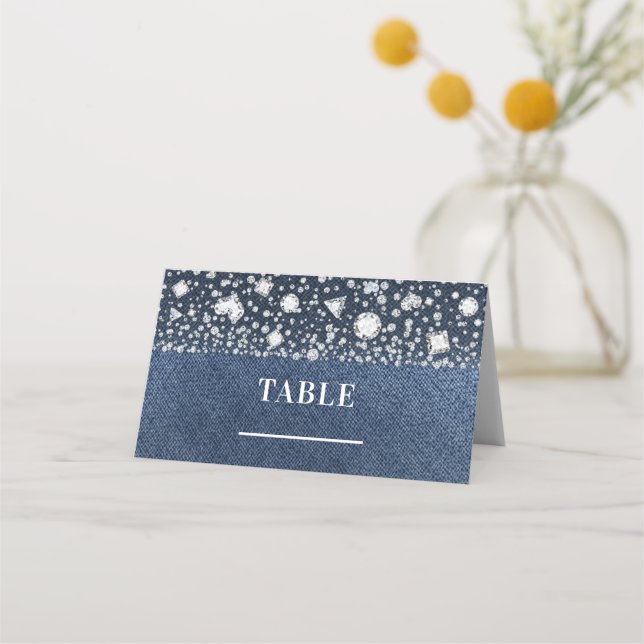 Blue Jean Denim & Diamonds Table Number Seating Place Card (Front)