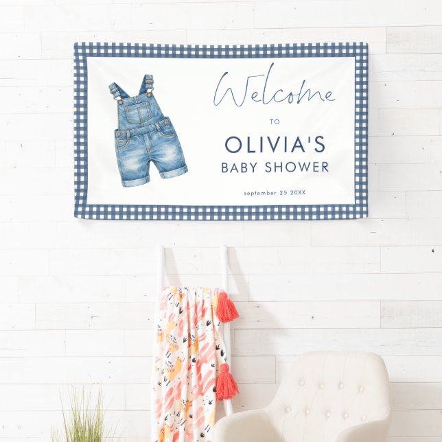 Blue Jean Denim Gingham Boy Welcome Baby Shower  Banner (Insitu)