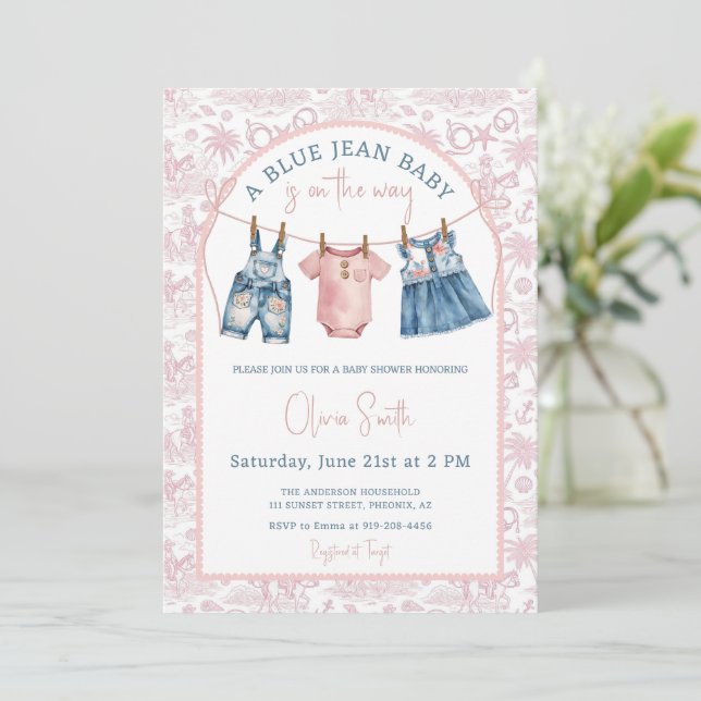Blue Jean Denim Girl Baby Shower Invitation (Standing Front)