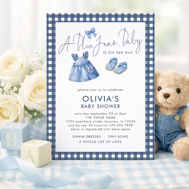Blue Jean Denim Girl Gingham Baby Shower  Invitation (Creator Uploaded)