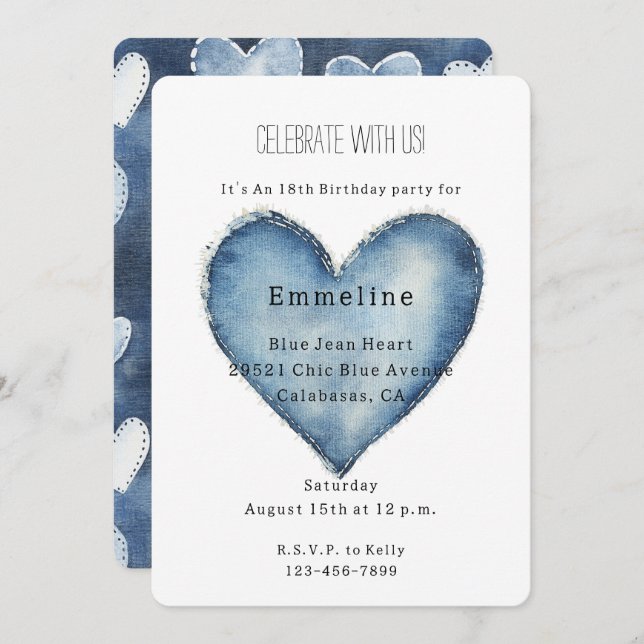 Blue Jean Denim Heart Birthday Invitation (Front/Back)