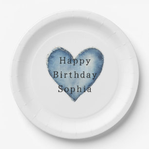 Blue Jean Denim Heart Birthday Paper Plate