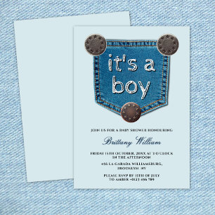 Blue Jean Denim It's a Boy Baby Shower   Invitation