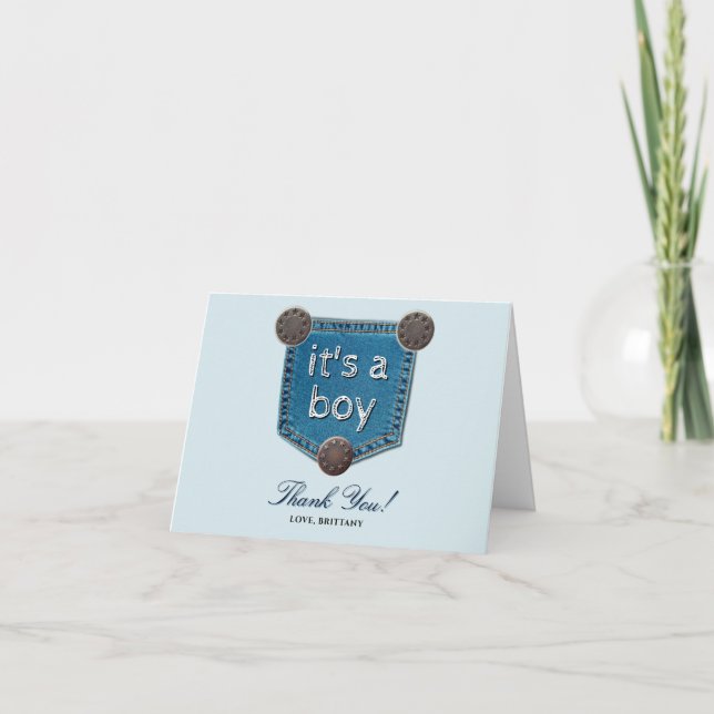 Blue Jean Denim It's a Boy Baby Shower   Thank You Card (Front)