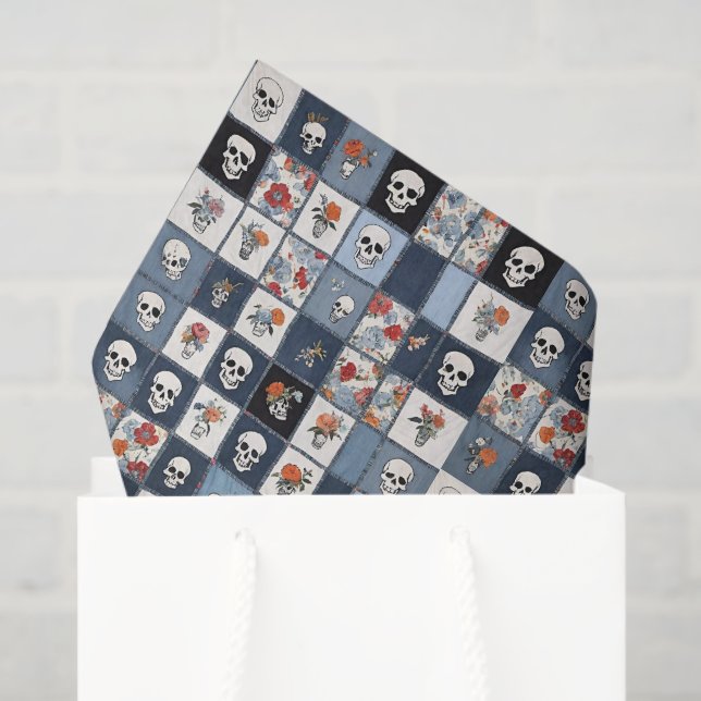 Blue Jean Denim Patchwork Skulls And Florals Tissue Paper (Gift Bag)