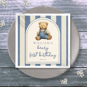Blue Jean Denim Teddy Bear 1st Birthday Napkin