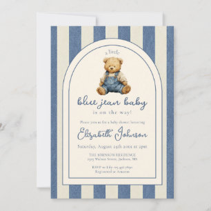 Blue Jean Denim Teddy Bear Baby Shower Invitation