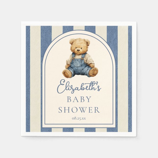 Blue Jean Denim Teddy Bear Baby Shower Napkin (Front)