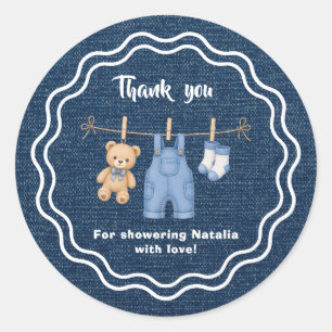 Blue Jean Denim Teddy Bear Baby Shower Thank You Classic Round Sticker