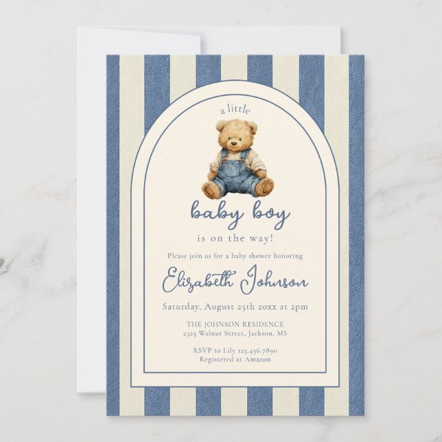 Blue Jean Denim Teddy Bear Boy Baby Shower Invitation (Front)