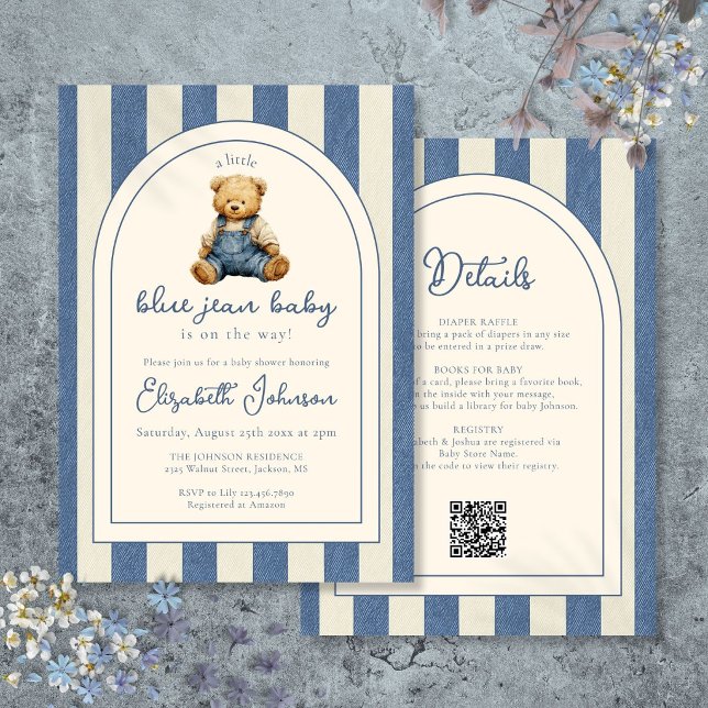 Blue Jean Denim Teddy Bear QR Code Baby Shower Invitation (Blue Jean Denim Teddy Bear QR Code Baby Shower Invitation)