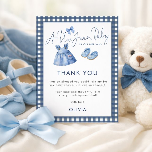 Blue Jean Gingham Thank You Girl Baby Shower  Card (Creator Uploaded)