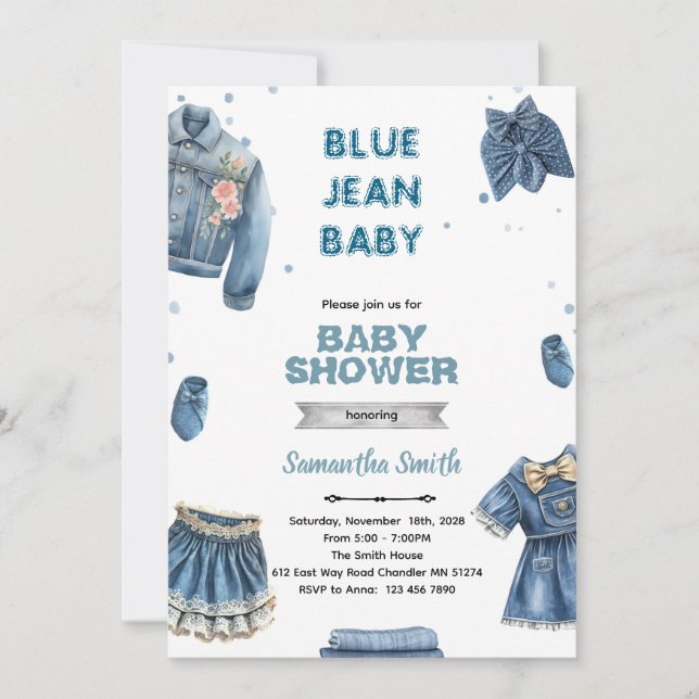 Blue jean girl baby shower invitation (Front)