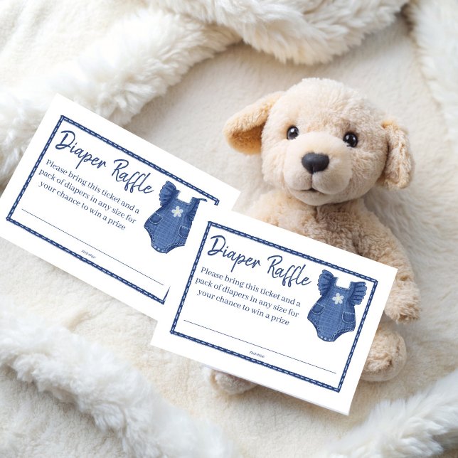 Blue jean girls baby shower diaper raffle enclosure card (Blue jean girls baby shower diaper raffle enclosure cards blue denim romper raffle tickets)