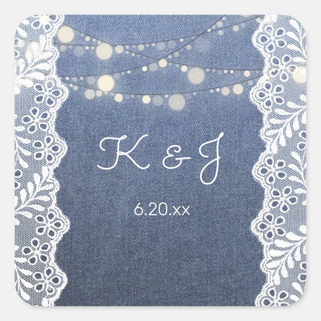 Blue Jean Lace & String Lights Monogram Square Sticker (Front)