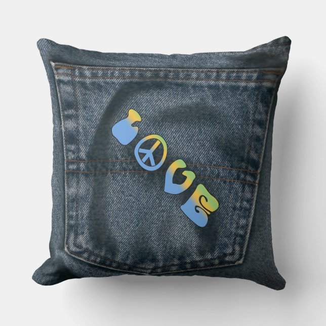 Blue Jean Pocket Peace and Love Pillow (Front)