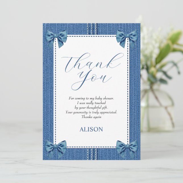 Blue jean with seams and bows baby girl shower thank you card (Standing Front)