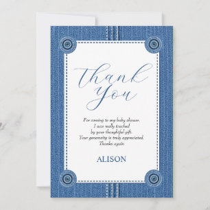 Blue jean with seams and buttons baby boy shower thank you card