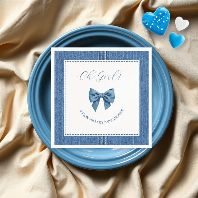 Blue jean with stitches and bow baby girl shower napkin (Creator Uploaded)