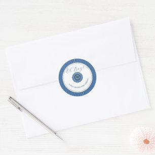 Blue jean with stitches and button baby boy shower classic round sticker