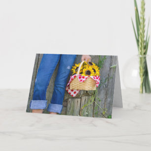 blue jeans and sunflower basket birthday card