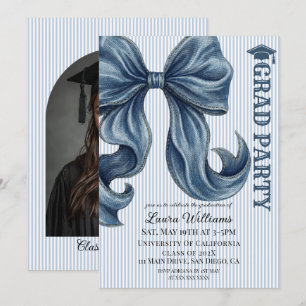 Blue Jeans Bow Striped Graduation Photo Invitation