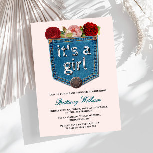 Blue Jeans Floral It's a Girl Baby Shower Invitation
