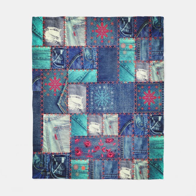 Blue Jeans Patchwork With Floral Detail Fleece Blanket (Front)