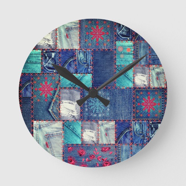 Blue Jeans Patchwork With Floral Detail Round Clock (Front)