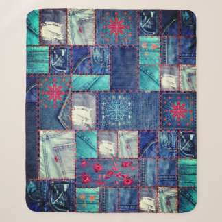Blue Jeans Patchwork With Floral Detail Sherpa Blanket