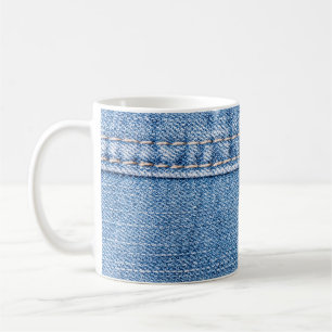 Blue jeans sew closeup texture. coffee mug