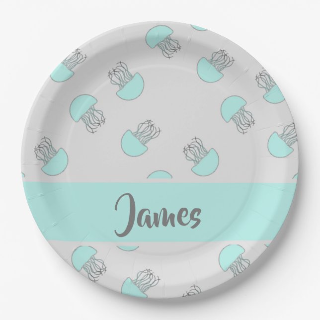 Blue jellyfish on grey paper plate (Front)