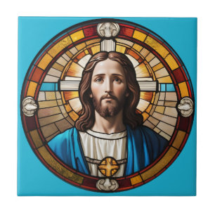 Blue Jesus Christ Circular Faux Stained Glass Ceramic Tile