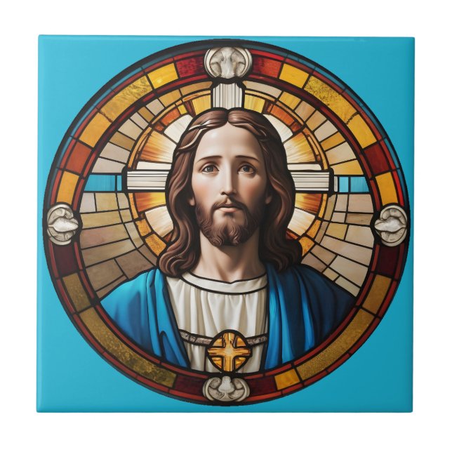 Blue Jesus Christ Circular Faux Stained Glass Ceramic Tile (Front)