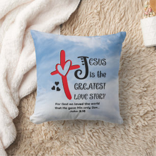 Blue JESUS THE GREATEST LOVE STORY Christian Cushion