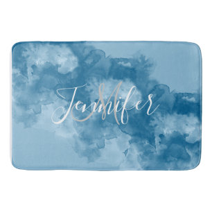 Blue Jewel Tone Watercolor Monogram Name Bath Mat