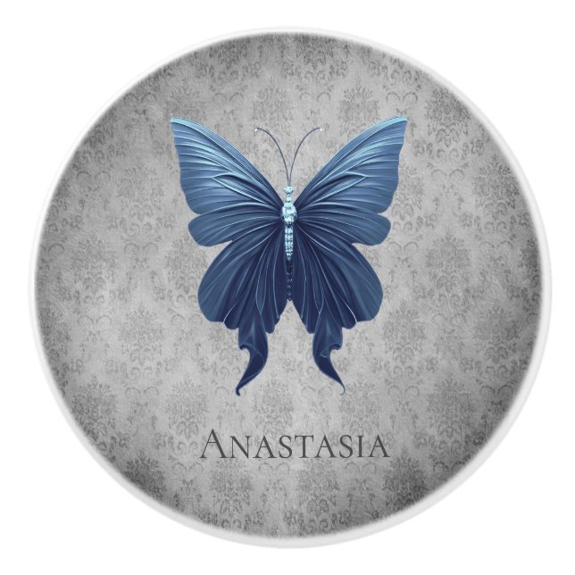 Blue Jewelled Butterfly Ceramic Knob (Front)