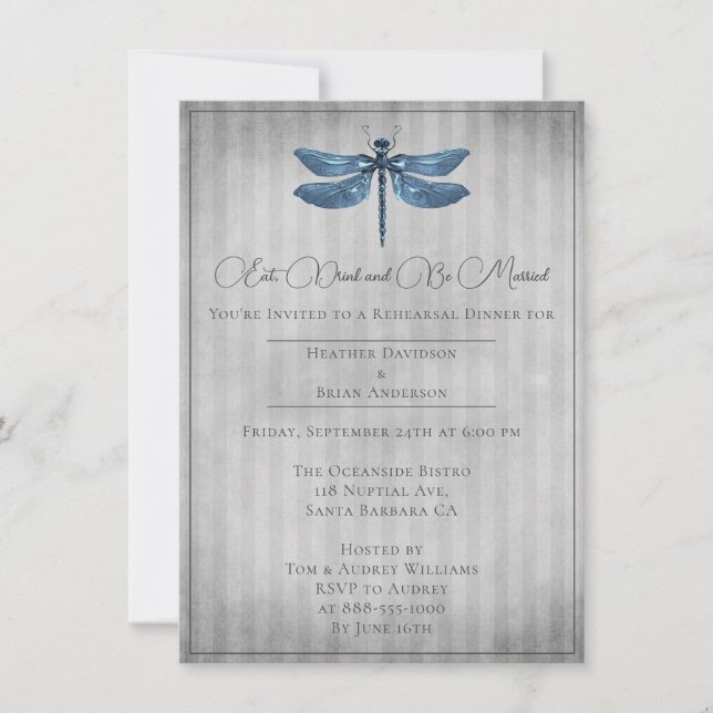 Blue Jewelled Dragonfly Rehearsal Dinner Invitation (Front)