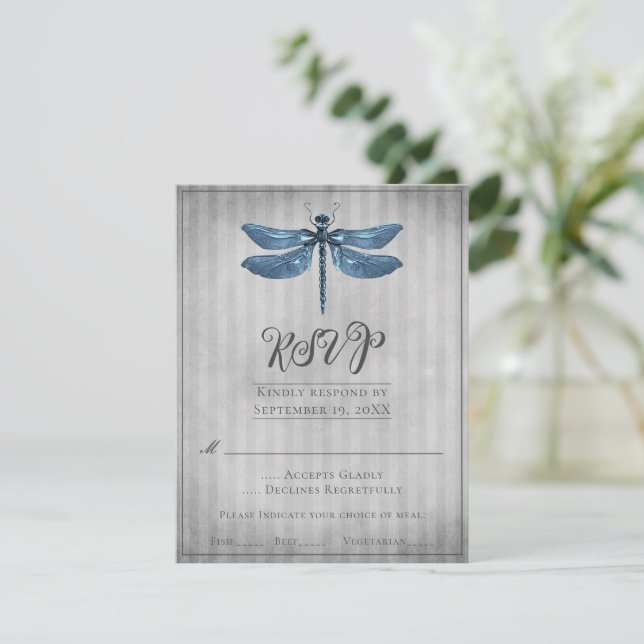 Blue Jewelled Dragonfly Wedding RSVP Card (Standing Front)