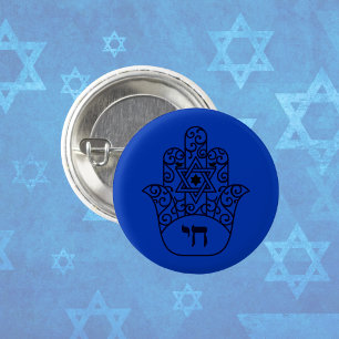 Blue Jewish Chai Hamsa with Star of David  3 Cm Round Badge