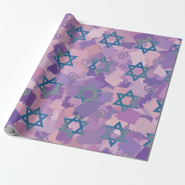 Blue Jewish Star Design Wrapping Paper (Unrolled)