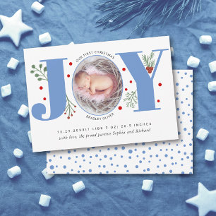 Blue Joy First Christmas holiday photo baby birth Announcement