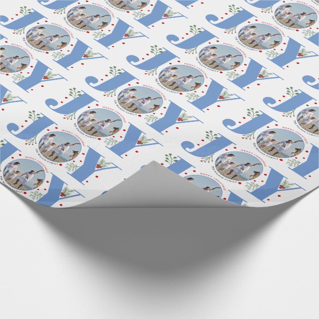 Blue JOY Merry Christmas holiday photo Wrapping Paper (Corner)