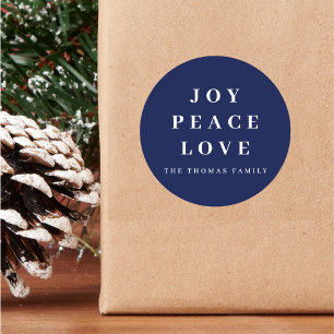 Blue Joy Peace Love Minimal Christmas Family Name Classic Round Sticker