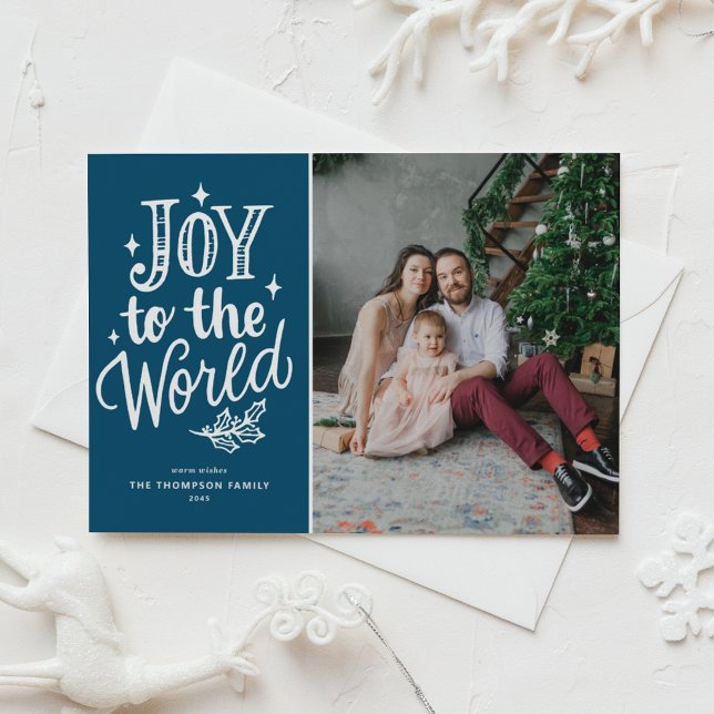 Blue Joy To The World Christmas Carol Photo Holiday Card (Celebrate the season with this customizable blue "Joy to the World" photo Christmas card.)